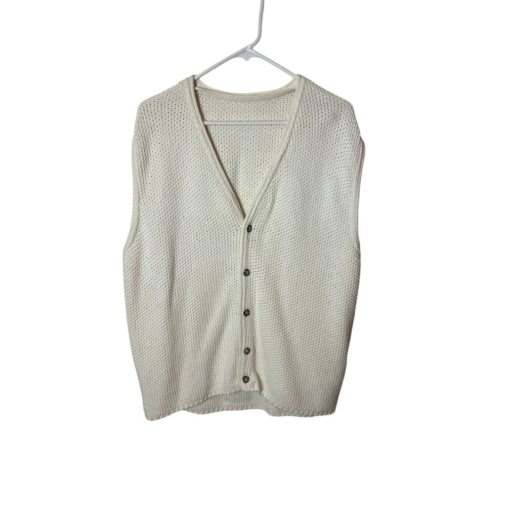 Vintage Eddie Bauer Cream Button Up Knit Vest Cardigan Chunky Preppy Size Large